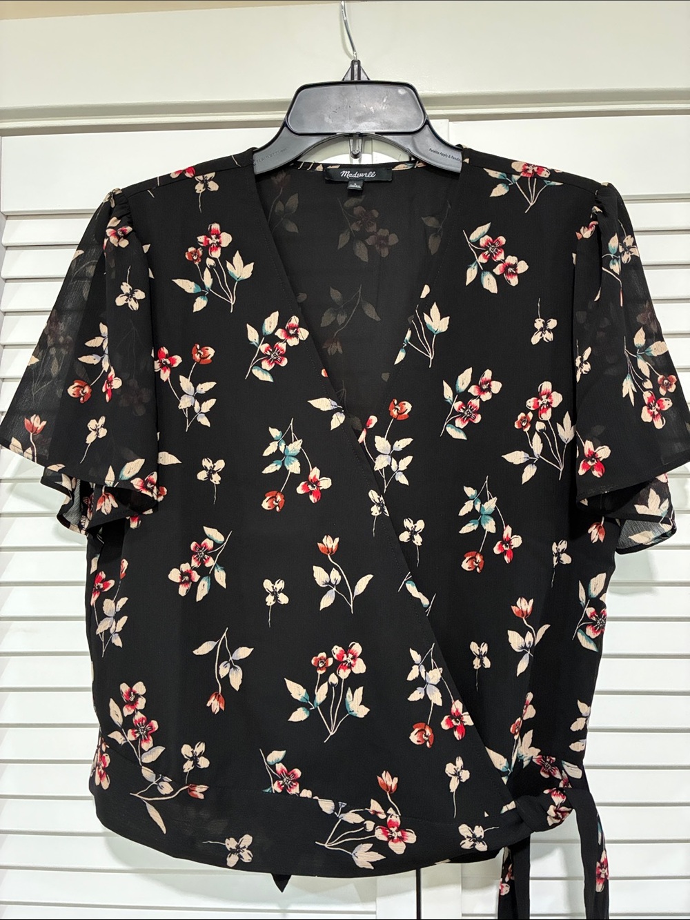Madewell Black Floral Wrap Blouse with Red and Cream Accents